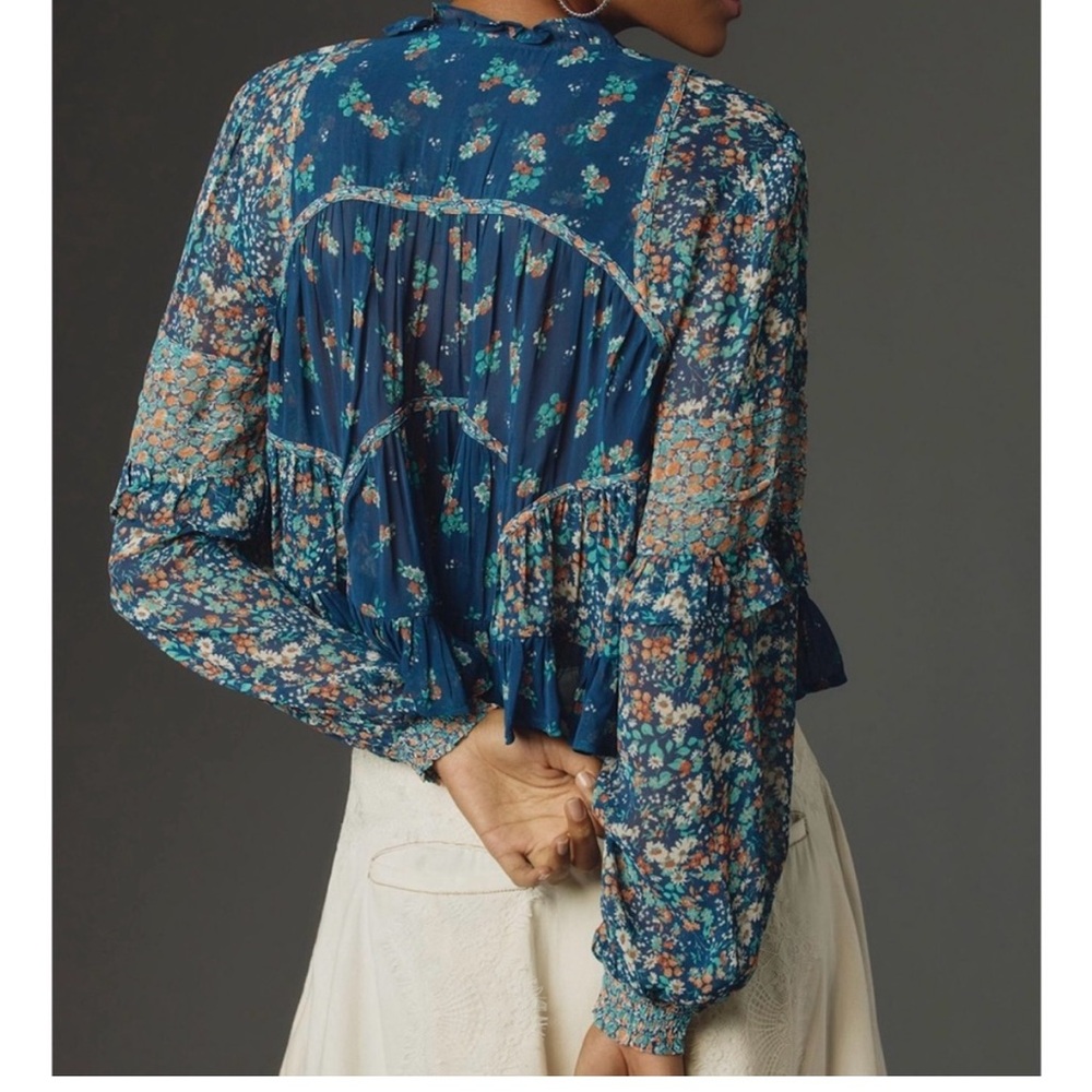 By Anthropologie Sheer Babydoll blouse Blue Motif              X-Small NWT - Picture 3 of 5